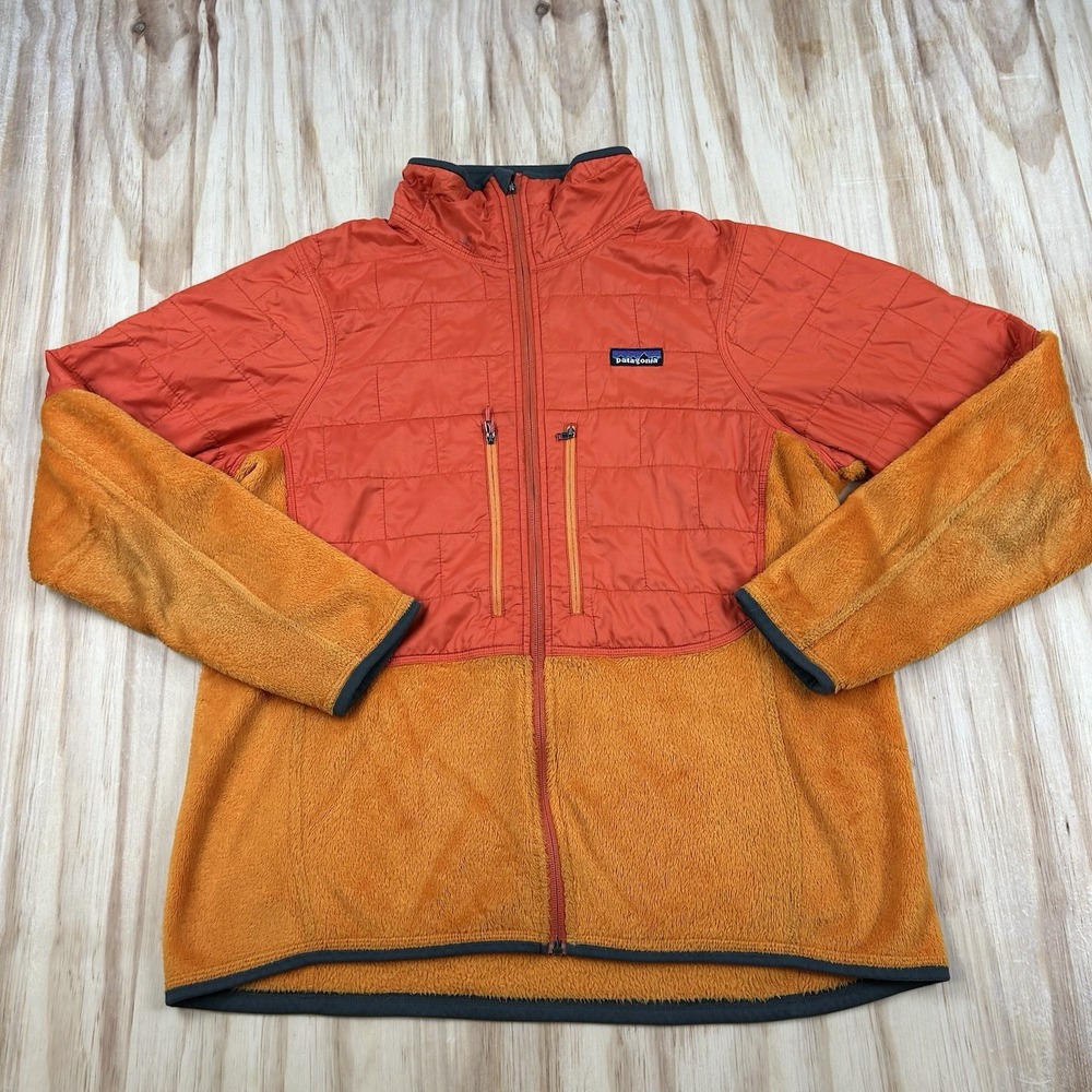 Patagonia Men's L Orange Polartec Fleece Jacket Full Zip PrimaLoft Outdoor Flaws
